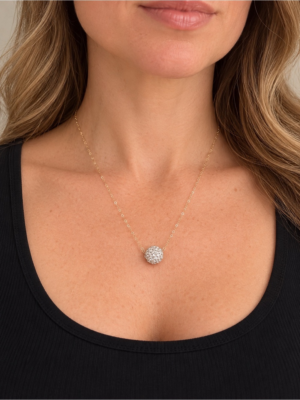 14 kt Gold Chain Necklace with Pavé Crystal Ball Pendant - Gold